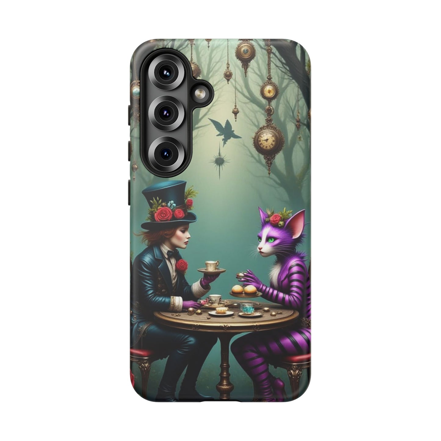 Whimsical Phone Case with Cat and Mad Hatter Design, Perfect for Gifting, Fantasy Lovers, Tea Party Theme, Tough Cases