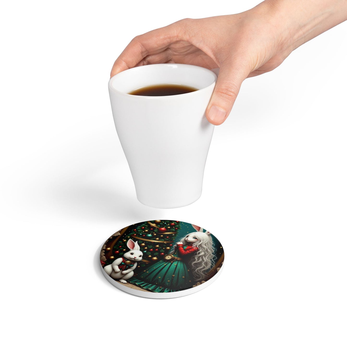 Whimsical Bunny Christmas Ceramic Coaster | Holiday Decor, Kitchen Gift, Winter Wonderland, Rabbit Lover Gift, Home Barware