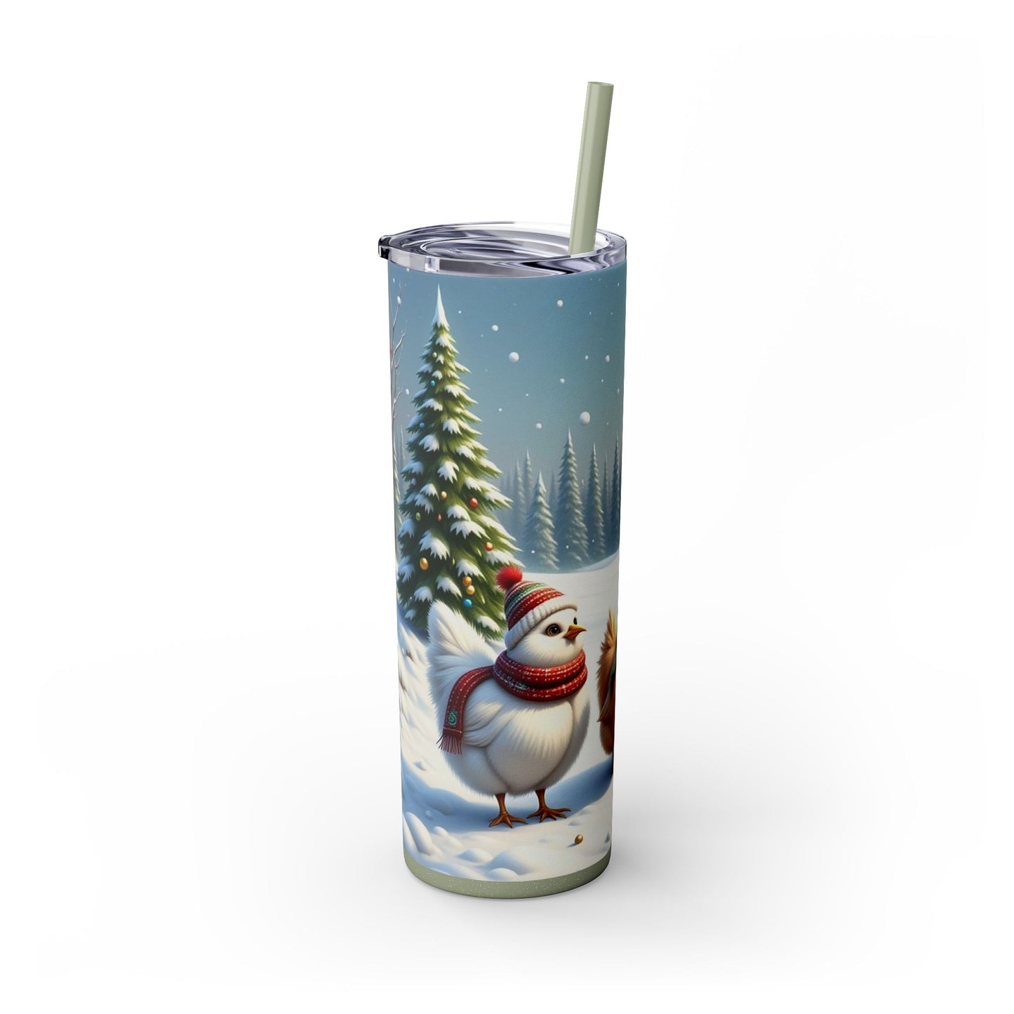 Winter Wonderland Skinny Tumbler with Straw, 20oz - Snowy Birds Design, Unique Holiday Gift, Christmas Chickens rinkware, Festive Travel Mug