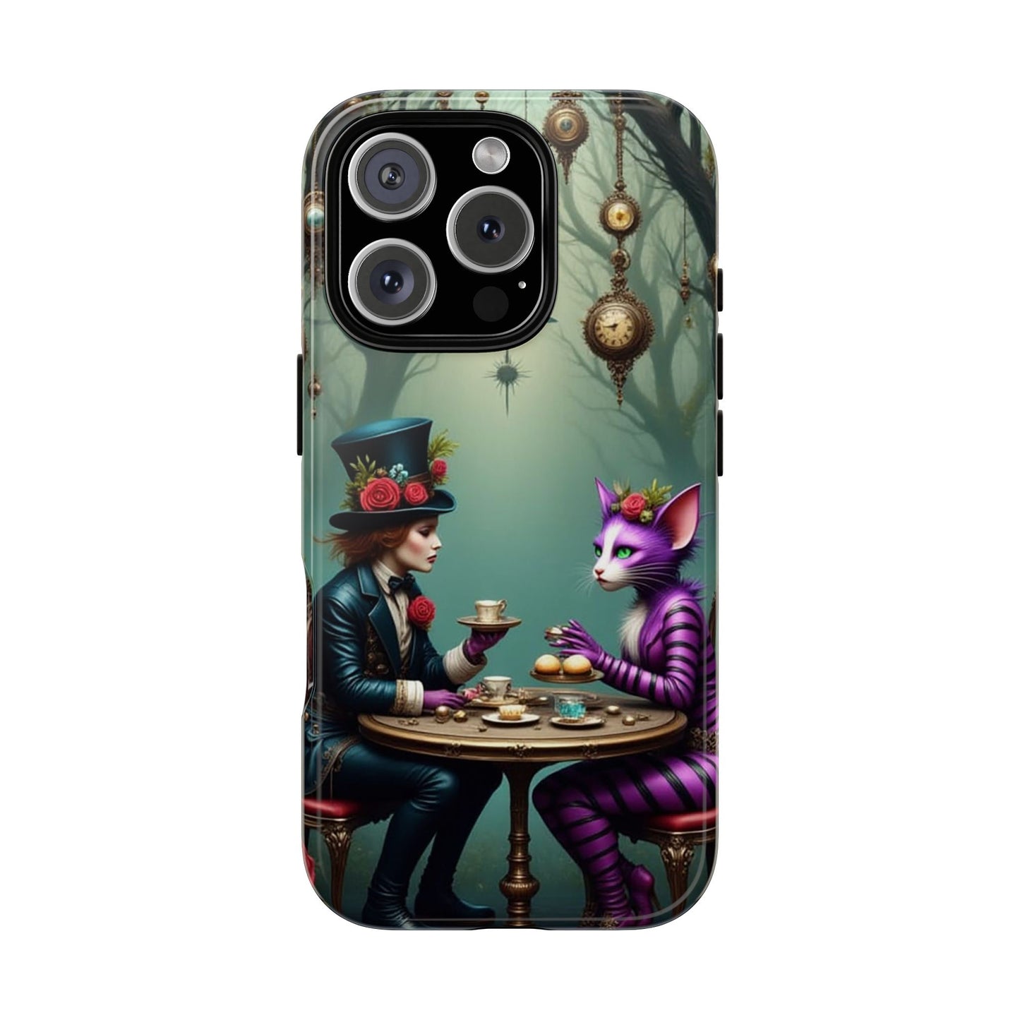 Whimsical Phone Case with Cat and Mad Hatter Design, Perfect for Gifting, Fantasy Lovers, Tea Party Theme, Tough Cases