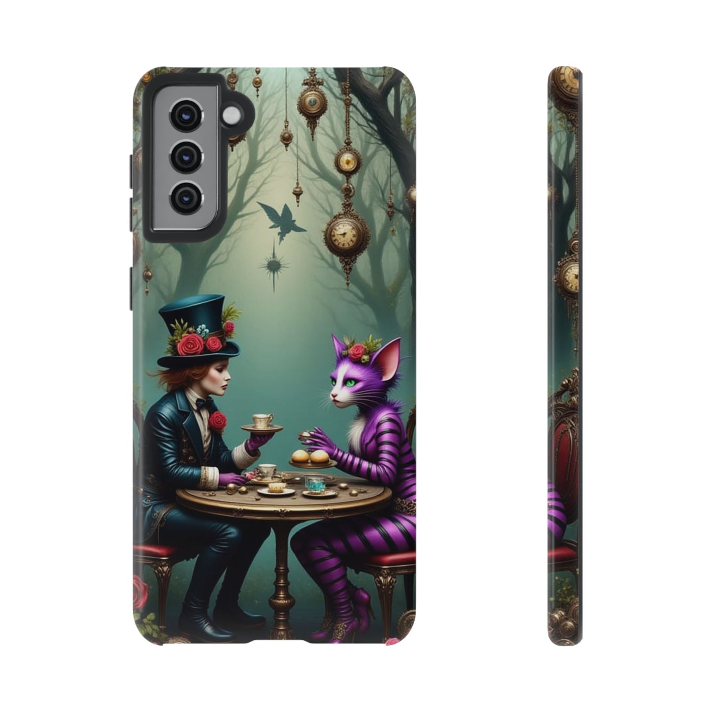 Whimsical Phone Case with Cat and Mad Hatter Design, Perfect for Gifting, Fantasy Lovers, Tea Party Theme, Tough Cases