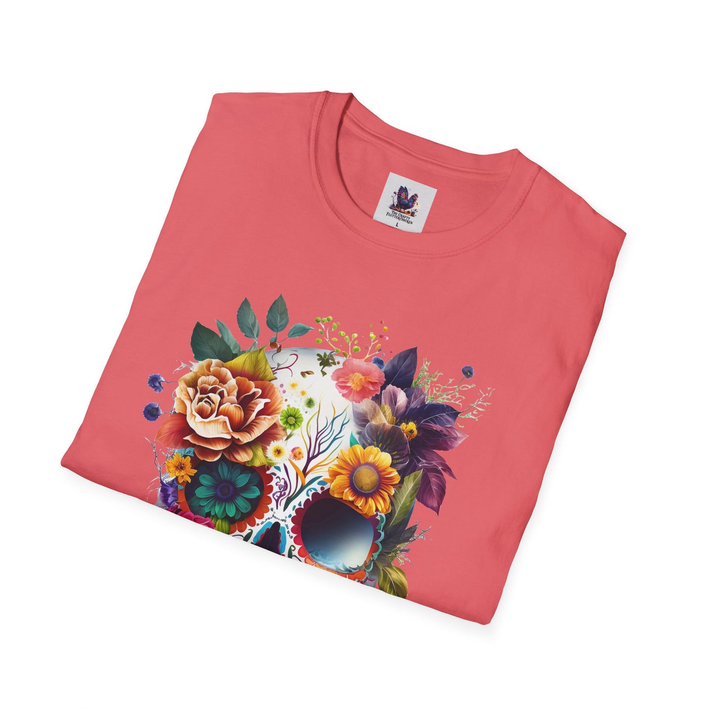 Colorful Sugar Skull with Flowers Art Unisex Softstyle T-Shirt, Colorful Tee, Cute Graphic Shirt