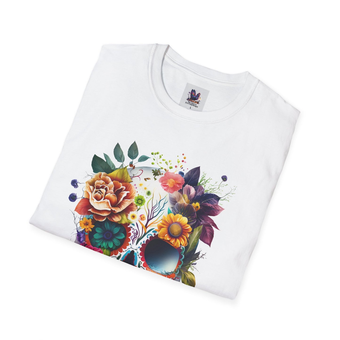 Colorful Sugar Skull with Flowers Art Unisex Softstyle T-Shirt, Colorful Tee, Cute Graphic Shirt
