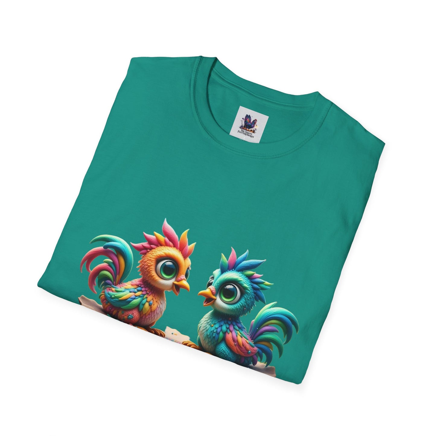 Colorful Kooky Chickens Willow & Sage Art Unisex Softstyle T-Shirt, Colorful Tee, Nature-Inspired Apparel, Cute Graphic Shirt