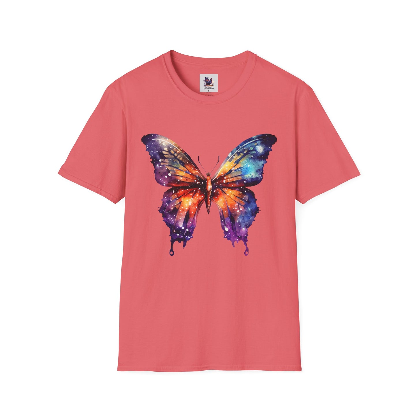 Colorful Space Butterfly Art Unisex Softstyle T-Shirt, Colorful Tee, Nature-Inspired Apparel, Cute Graphic Shirt