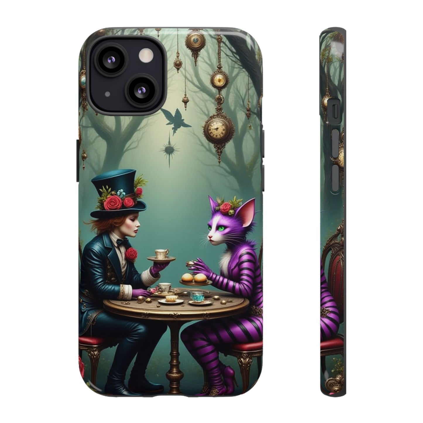 Whimsical Phone Case with Cat and Mad Hatter Design, Perfect for Gifting, Fantasy Lovers, Tea Party Theme, Tough Cases