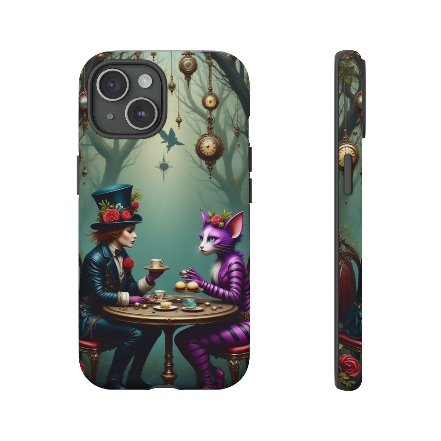 Whimsical Phone Case with Cat and Mad Hatter Design, Perfect for Gifting, Fantasy Lovers, Tea Party Theme, Tough Cases