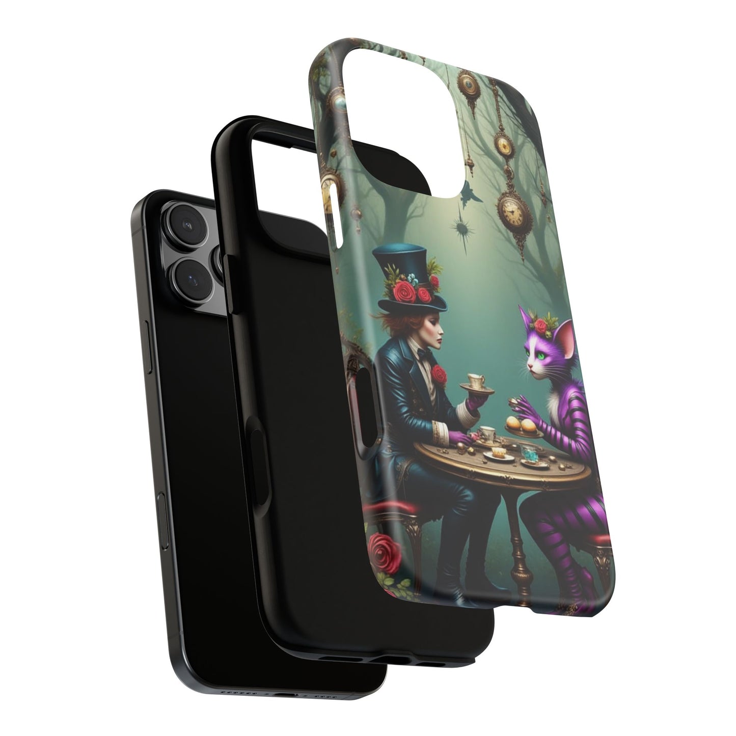 Whimsical Phone Case with Cat and Mad Hatter Design, Perfect for Gifting, Fantasy Lovers, Tea Party Theme, Tough Cases
