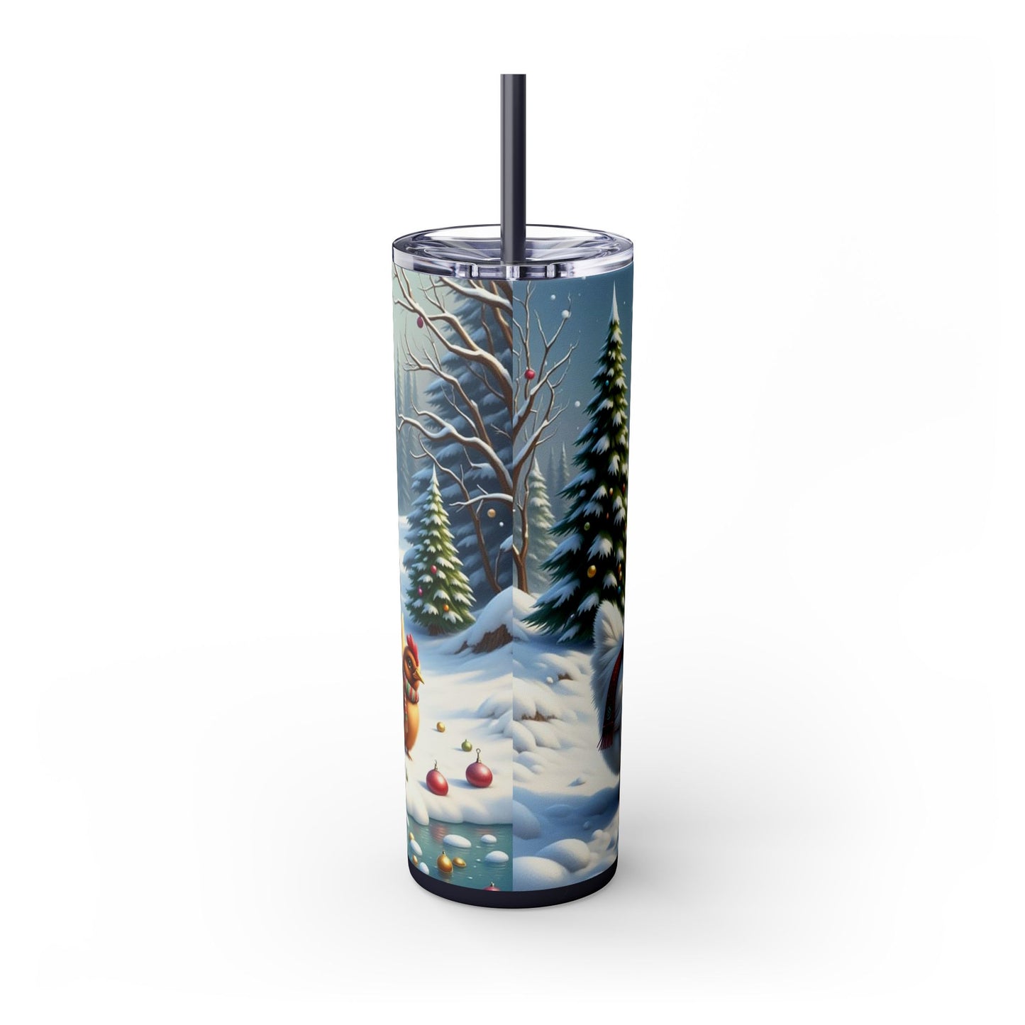 Winter Wonderland Skinny Tumbler with Straw, 20oz - Snowy Birds Design, Unique Holiday Gift, Christmas Chickens rinkware, Festive Travel Mug