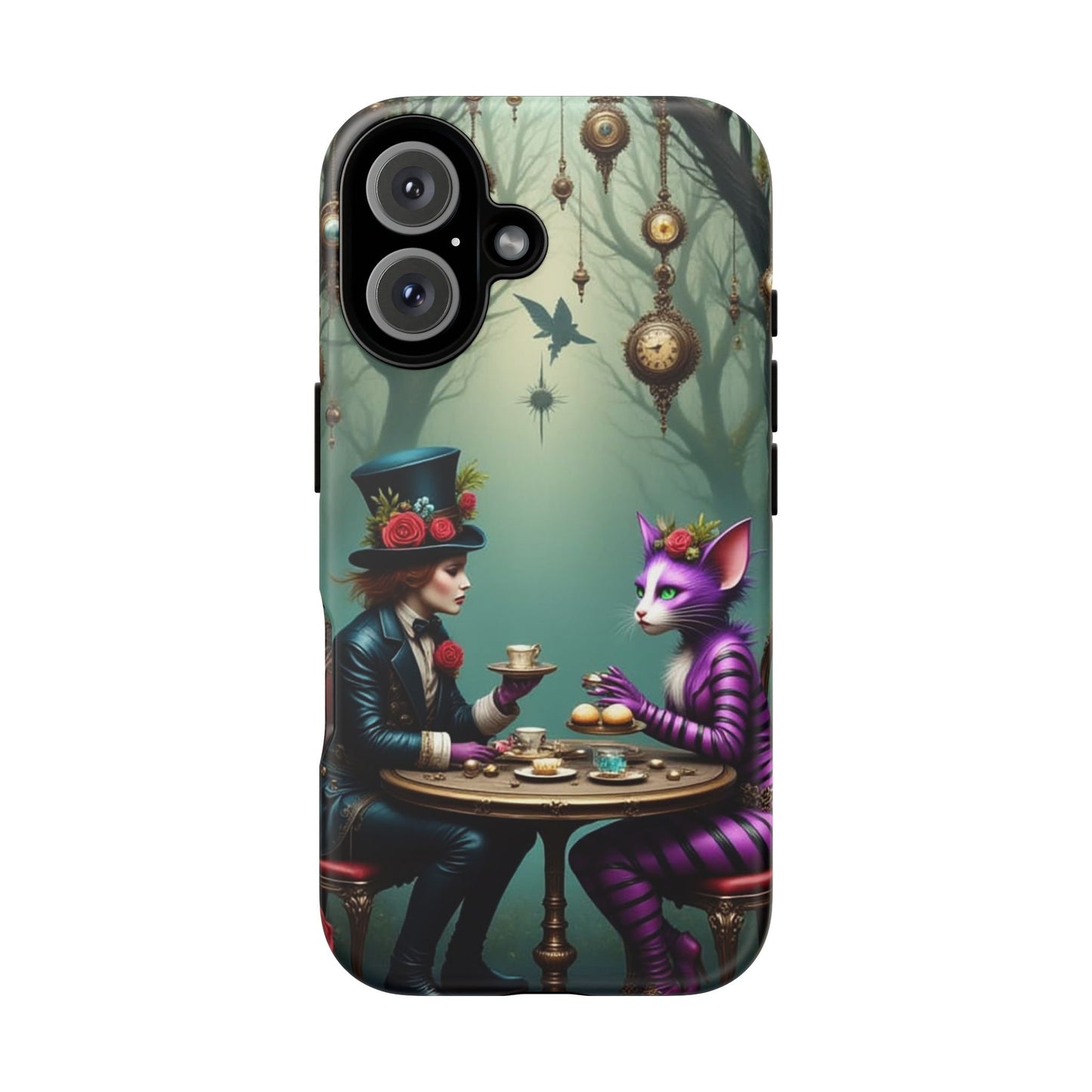 Whimsical Phone Case with Cat and Mad Hatter Design, Perfect for Gifting, Fantasy Lovers, Tea Party Theme, Tough Cases