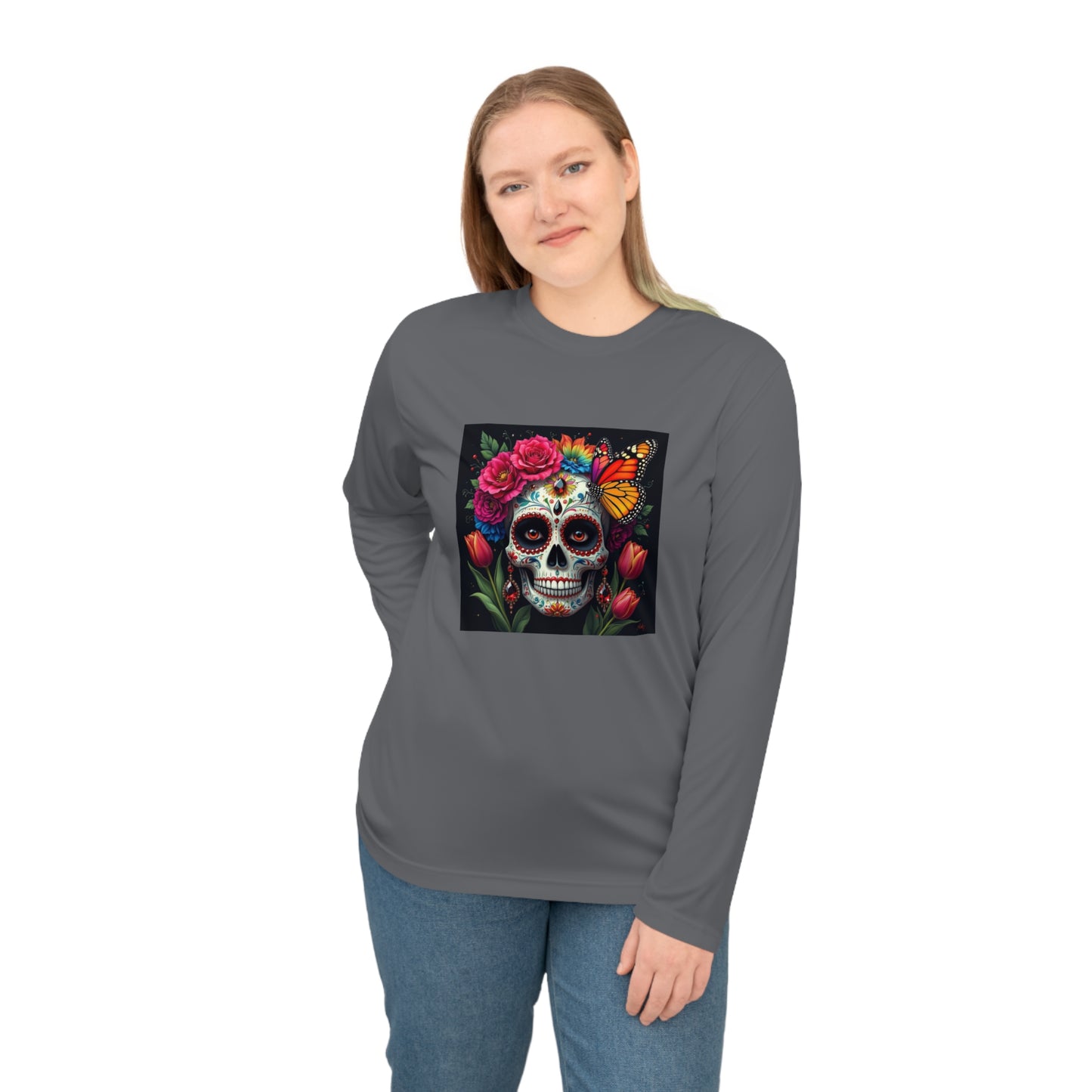 Skull and Butterfly Graphic Performance Long Sleeve Shirt | Fitness Wear, Casual Style, Gift for Her, Halloween Apparel, Day of the [...]