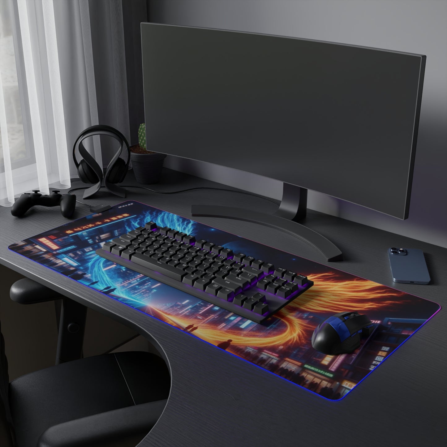 LED Gaming Mouse Pad with Neon Phoenix Design, PC Accessories for Gamers, RGB Customizable Desk Mat, Gift for Gamers, Gaming Setup Decor