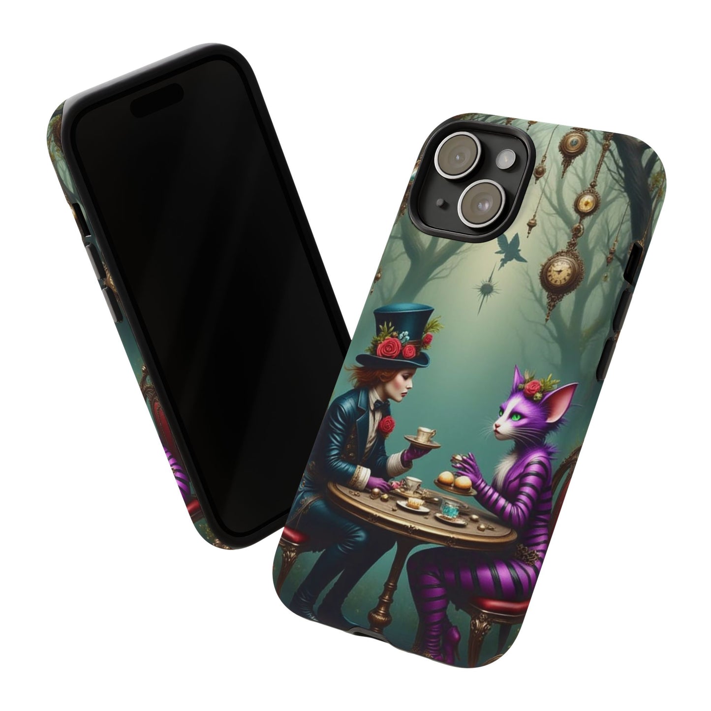 Whimsical Phone Case with Cat and Mad Hatter Design, Perfect for Gifting, Fantasy Lovers, Tea Party Theme, Tough Cases