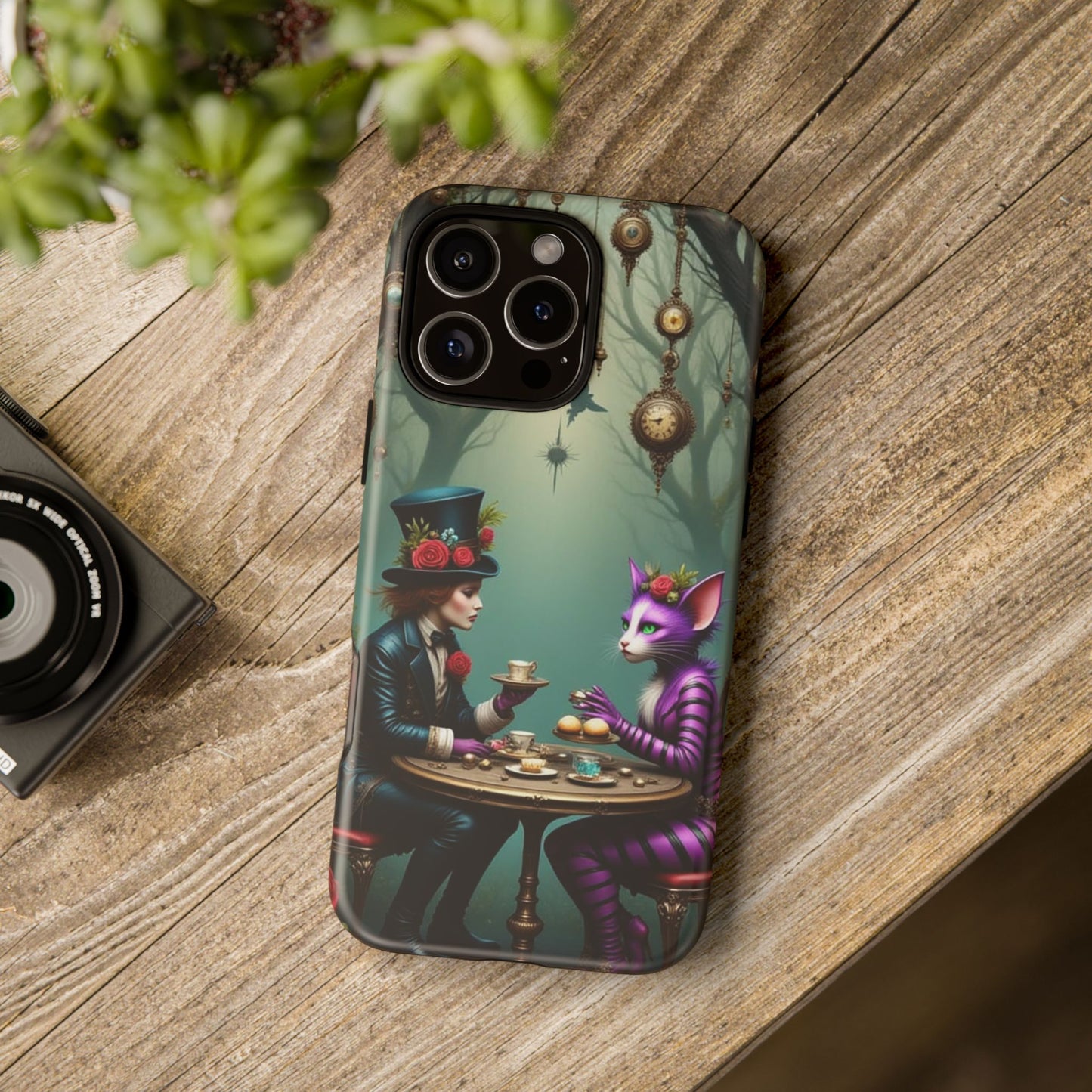 Whimsical Phone Case with Cat and Mad Hatter Design, Perfect for Gifting, Fantasy Lovers, Tea Party Theme, Tough Cases
