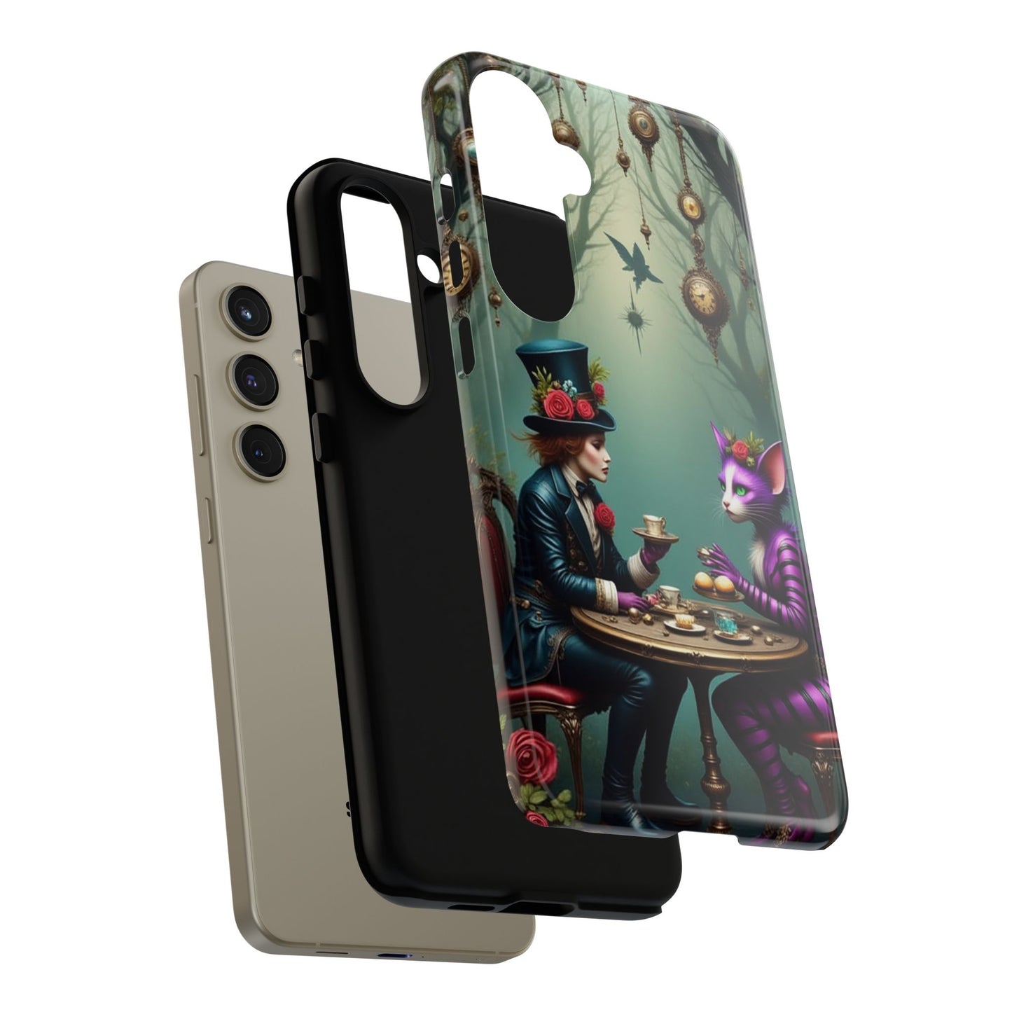 Whimsical Phone Case with Cat and Mad Hatter Design, Perfect for Gifting, Fantasy Lovers, Tea Party Theme, Tough Cases