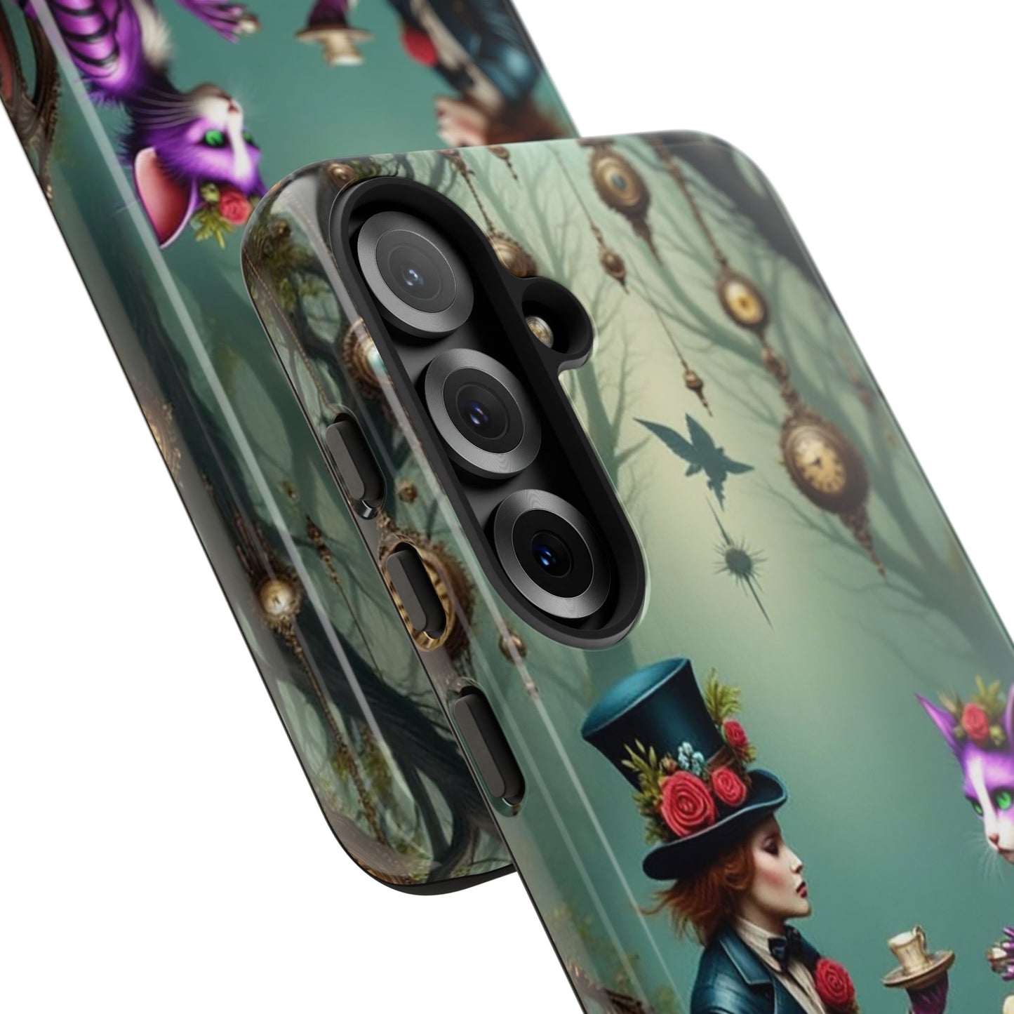 Whimsical Phone Case with Cat and Mad Hatter Design, Perfect for Gifting, Fantasy Lovers, Tea Party Theme, Tough Cases