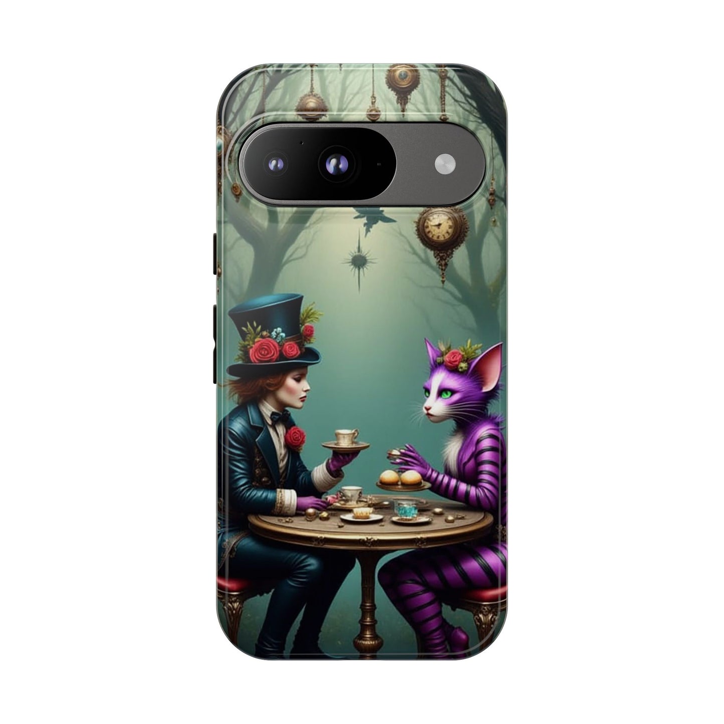 Whimsical Phone Case with Cat and Mad Hatter Design, Perfect for Gifting, Fantasy Lovers, Tea Party Theme, Tough Cases