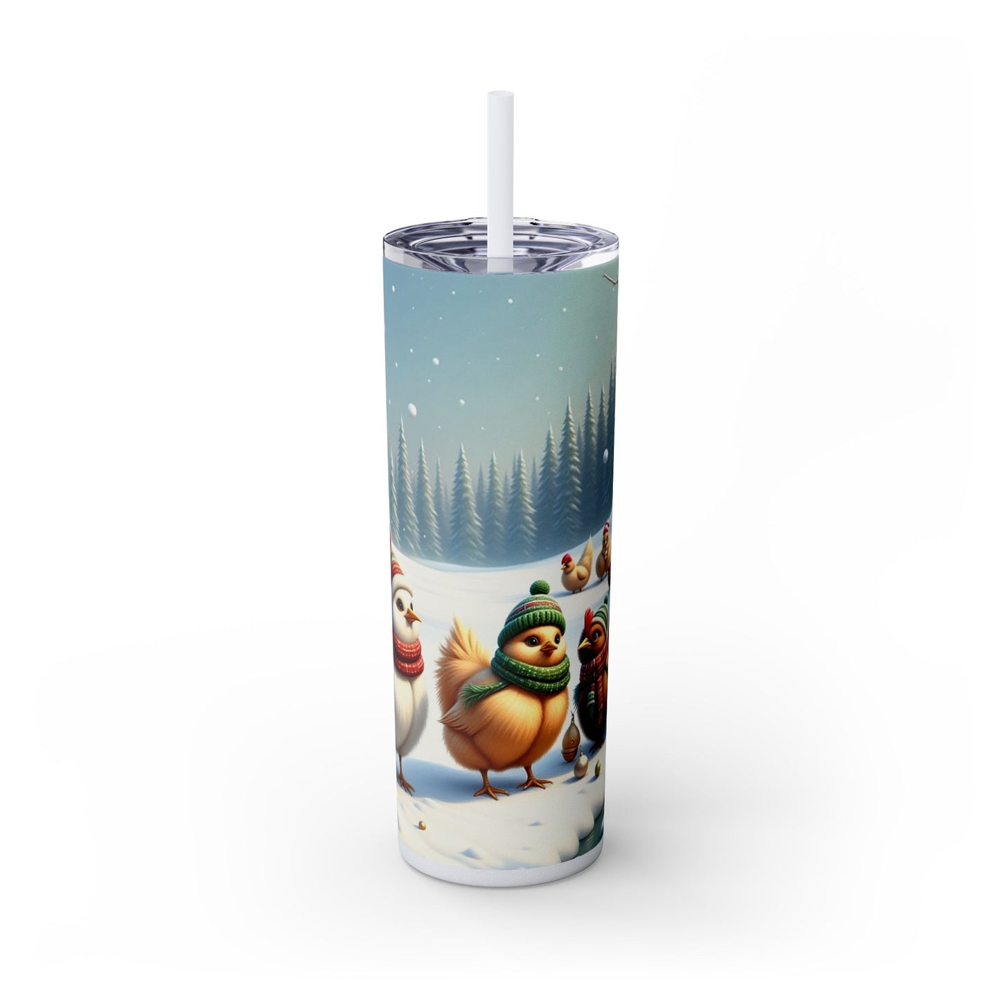 Winter Wonderland Skinny Tumbler with Straw, 20oz - Snowy Birds Design, Unique Holiday Gift, Christmas Chickens rinkware, Festive Travel Mug
