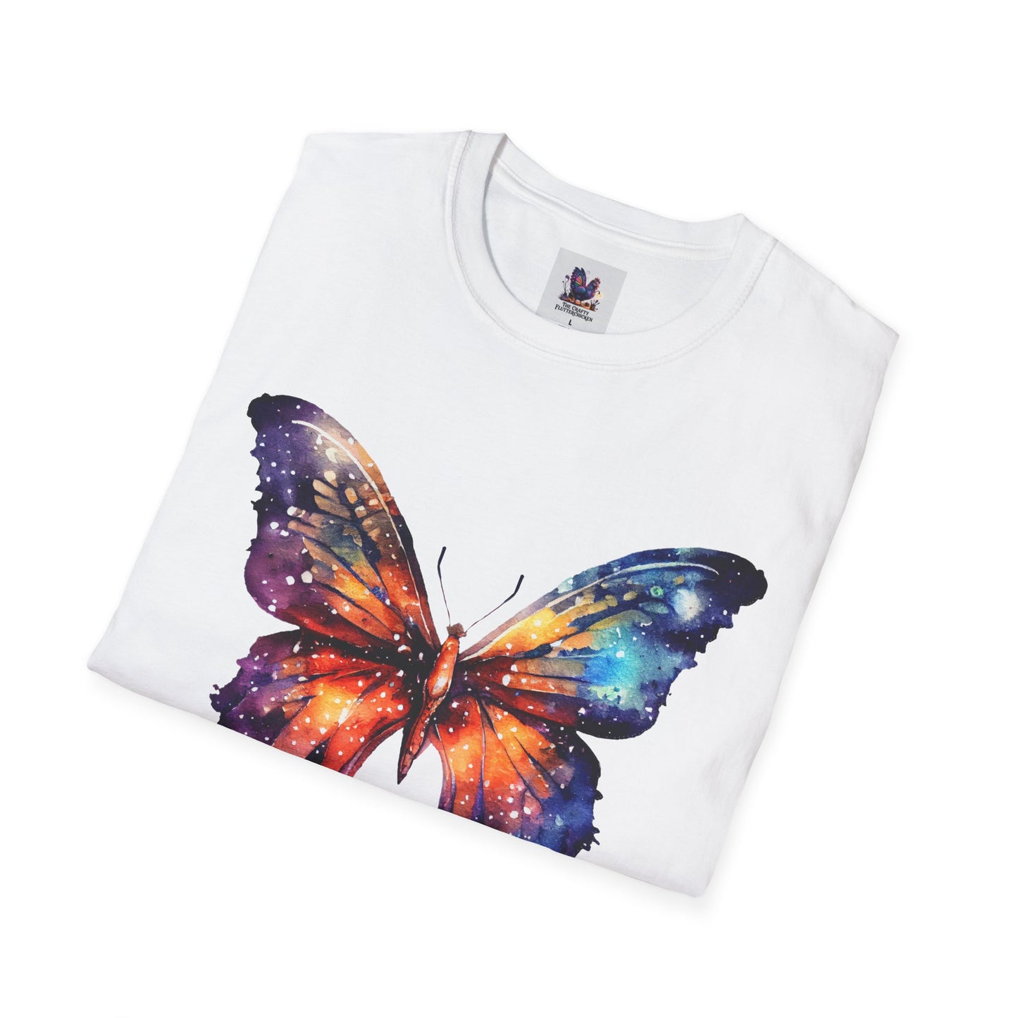 Colorful Space Butterfly Art Unisex Softstyle T-Shirt, Colorful Tee, Nature-Inspired Apparel, Cute Graphic Shirt