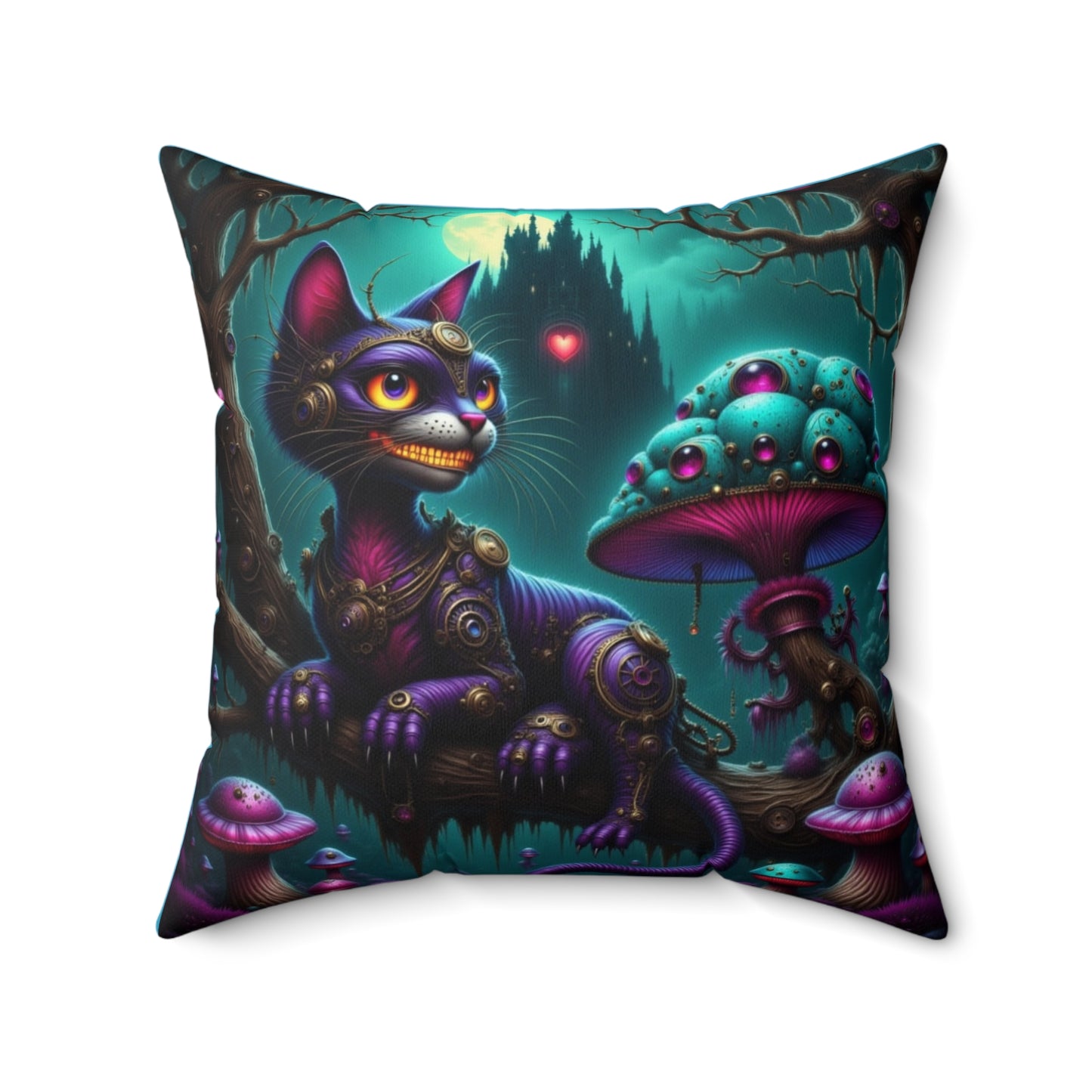 Whimsical Cheshire Cat Art Pillow, Cozy Home Decor, Gift for Cat Lovers, Fantasy Cushion, Magical Mushroom Accent Pillow