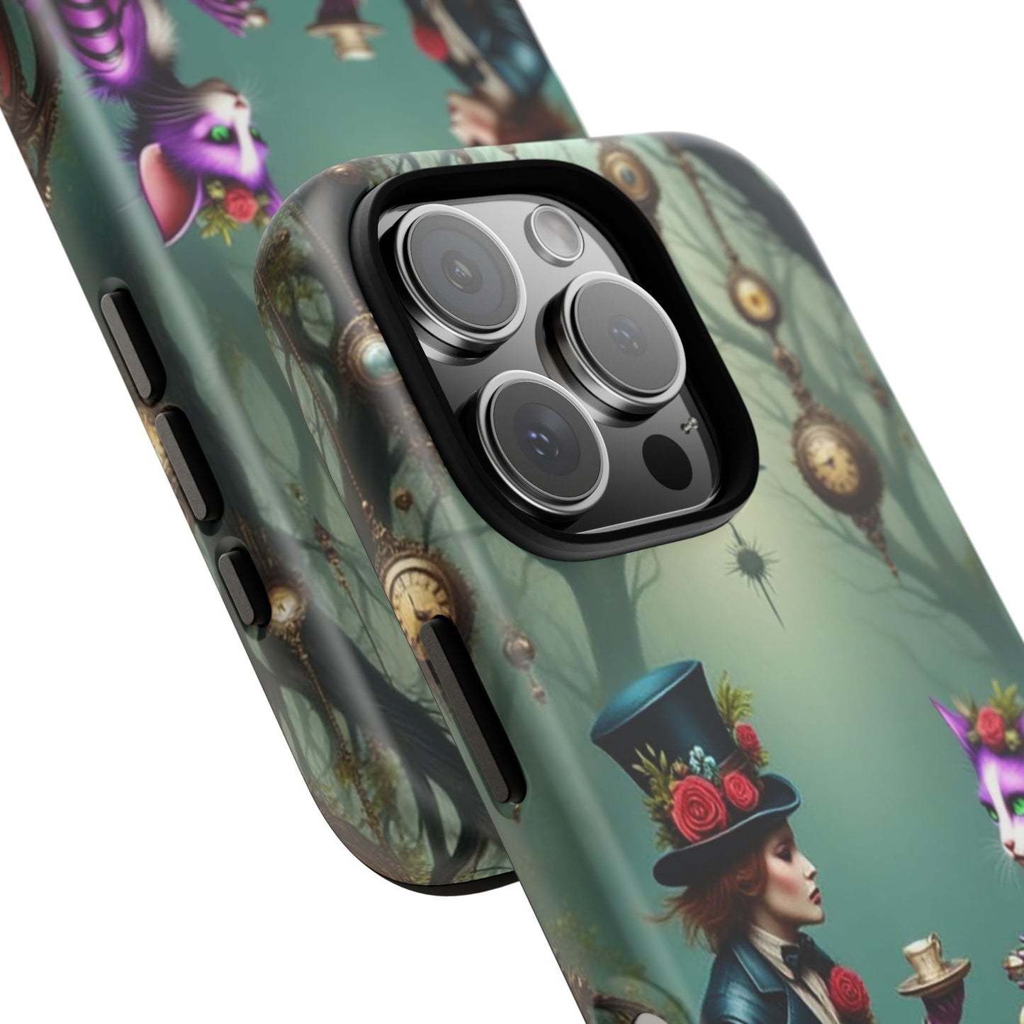 Whimsical Phone Case with Cat and Mad Hatter Design, Perfect for Gifting, Fantasy Lovers, Tea Party Theme, Tough Cases